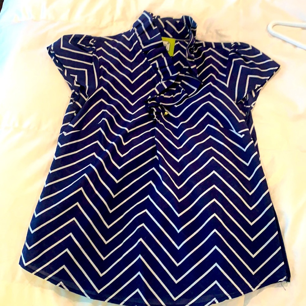 Elizabeth McKay navy/white blouse &ruffle collar!